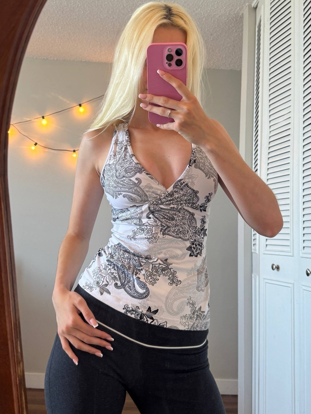 Y2k yoga style  White Paisley Halter Camisole with Black Print